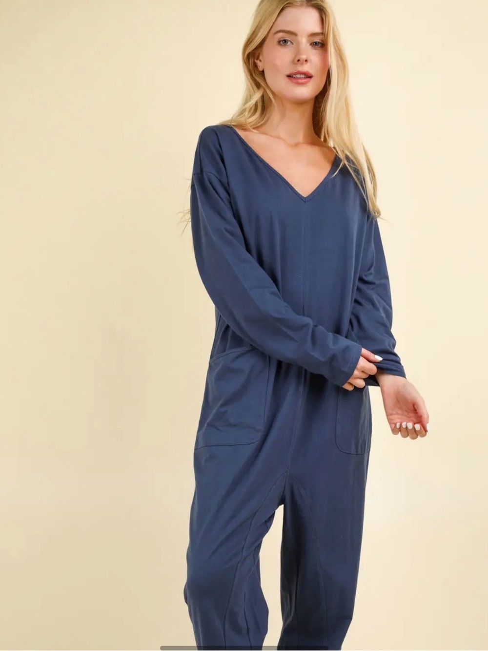 NP70679X-PLUS Size Solid Knit Baggy Comfy Jumpsuit color blue denim - Picture 2 of 4